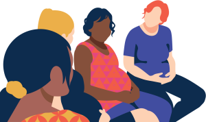 Illustration of a diverse group of pregnant women sitting together in a circle, engaging in a group therapy or support session. The women are depicted with varying hairstyles and clothing, including a vibrant patterned dress and solid-colored outfits, emphasizing inclusivity and community support.