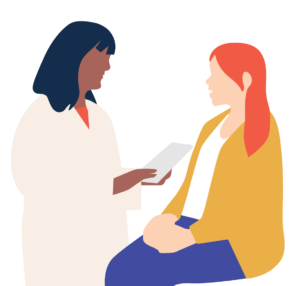 Illustration of a healthcare professional with dark hair wearing a white coat, holding a tablet, and speaking to a seated patient with red hair wearing a yellow cardigan and blue pants. The image emphasizes communication and care in a medical or counseling setting.
